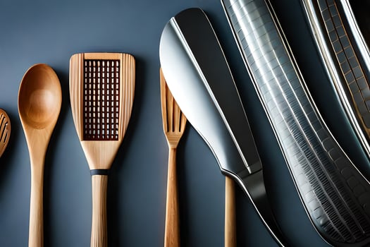 a group of wooden utensils on a table. AI-Generated photo