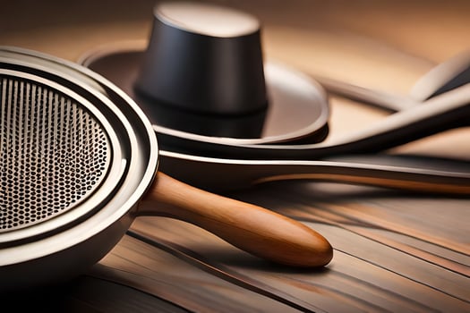 a pan, a spoon and a wooden spoon on a table. AI-Generated photo