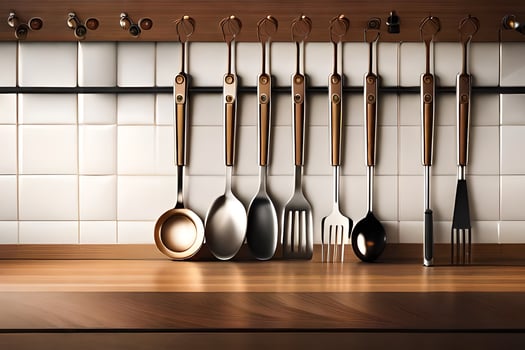 kitchen utensils hanging on a wall. AI-Generated photo