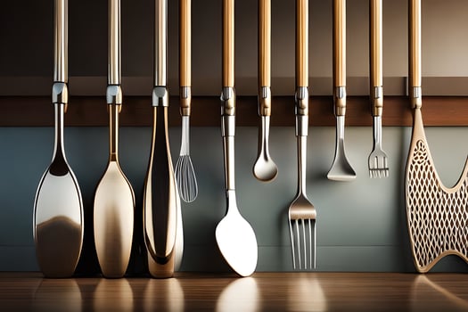 a row of utensils are hanging on a wall. AI-Generated photo