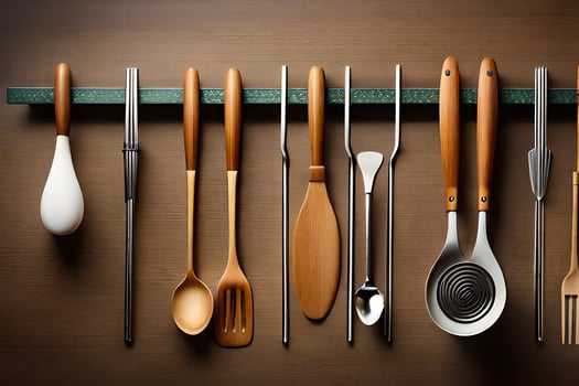 a group of utensils are hanging on a wall. AI-Generated photo