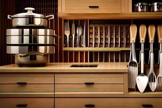 kitchen utensils are displayed on a wooden shelf. AI-Generated photo
