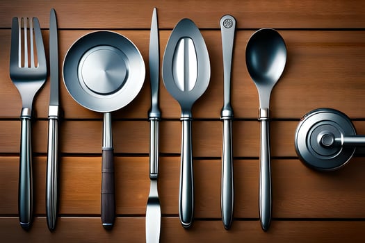 a collection of silverware on a wooden table. AI-Generated photo