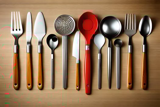 a collection of utensils on a wooden surface. AI-Generated photo