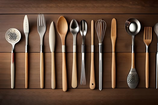 a collection of utensils on a wooden table. AI-Generated photo