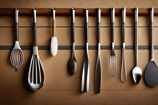 a group of utensils hanging on a wall. AI-Generated photo