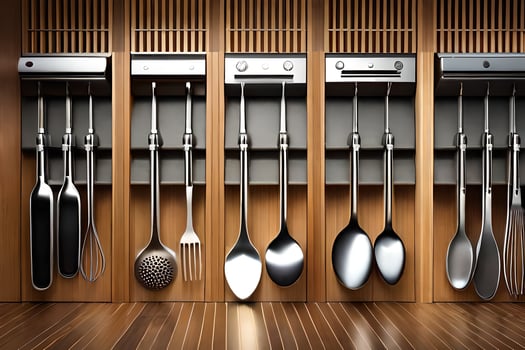 kitchen utensils in a wooden cabinet. AI-Generated photo