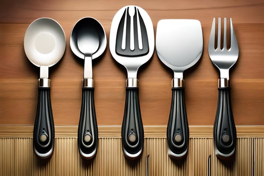 five different types of utensils are shown on a wooden surface. AI-Generated photo