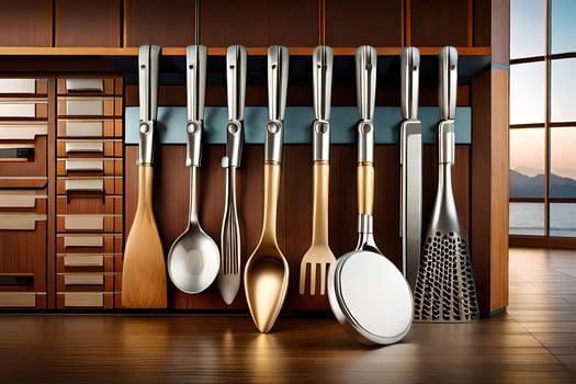 a kitchen with many utensils on a shelf. AI-Generated photo