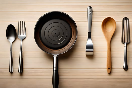 a pan, spoon, fork and knife on a wooden table. AI-Generated photo