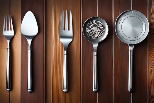 a set of silverware on a wooden table. AI-Generated photo