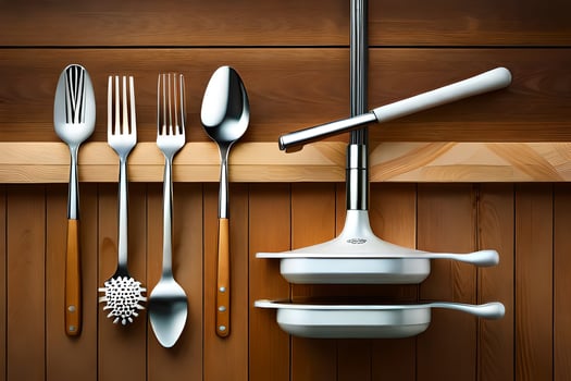 a set of utensils on a wooden shelf. AI-Generated photo