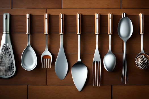 a set of silverware on a wooden surface. AI-Generated photo