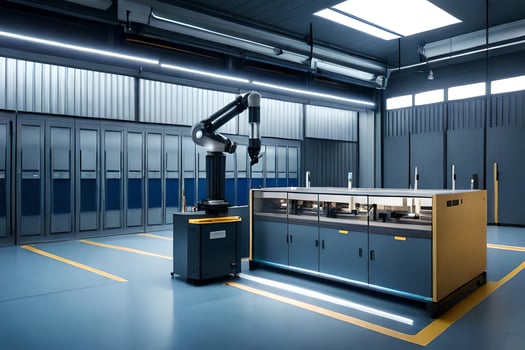 a large warehouse with a robotic arm and a machine. AI-Generated photo