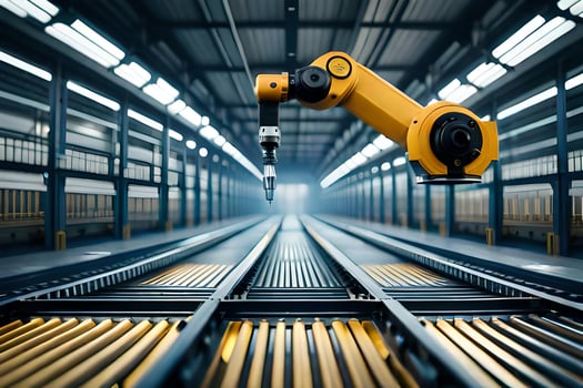 a robotic arm is standing on a track in a warehouse. AI-Generated photo