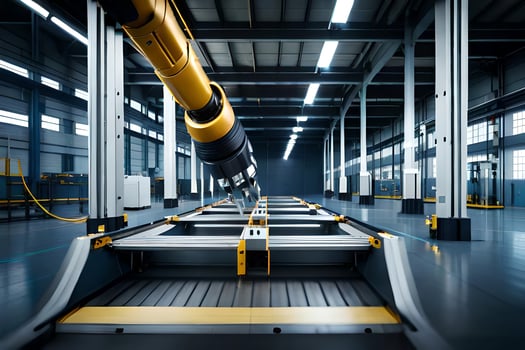 a large industrial warehouse with a robotic arm. AI-Generated photo