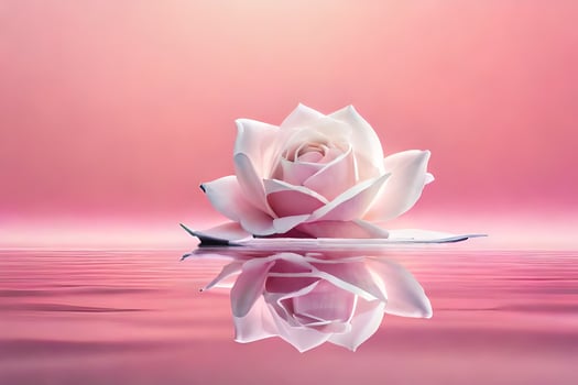 a single white rose floating on water in a pink background. AI-Generated photo
