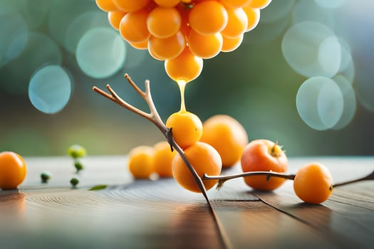 orange fruits on a branch with a blurry background. AI-Generated photo