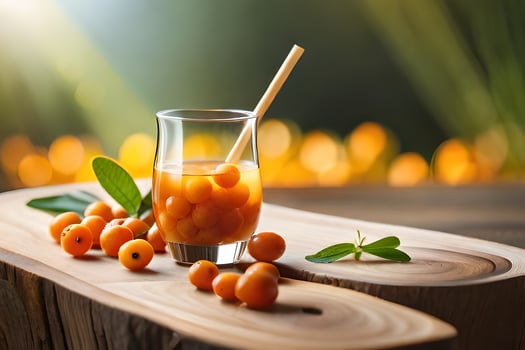 sea buckthorn juice with sea buckthorn berries on wooden table. AI-Generated photo