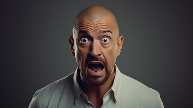 Scared Man Looking at the Camera Isolated on the Minimalist Background photo