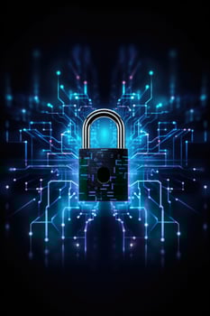 Cyber security concept. Lock and connection network symbol on blue background. Generative AI photo