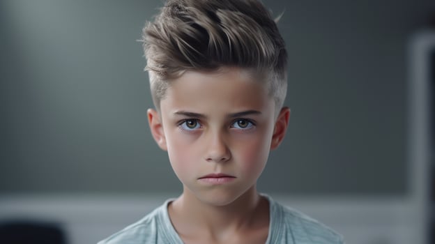 Scared Boy Looking at the Camera Isolated on the Minimalist Background photo