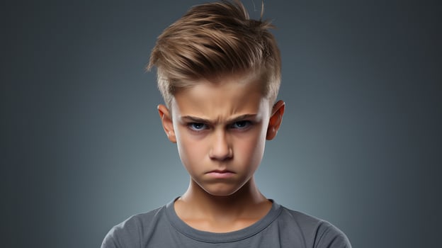 Angry Boy Looking at the Camera Isolated on the Minimalist Background photo