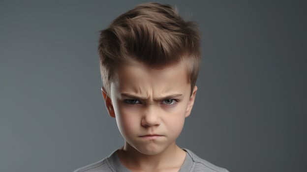 Angry Boy Looking at the Camera Isolated on the Minimalist Background photo