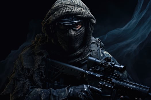 Special forces soldier with assault rifle and hood on black background with smoke, Fully equipped soldier in a tactical net scarf and with a sniper rifle, Black background, anonymous, AI Generated photo