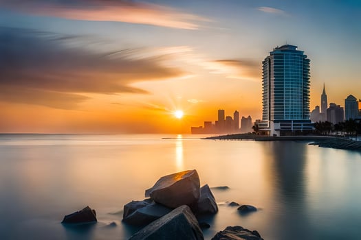 the sun sets over the city skyline in dubai. AI-Generated photo
