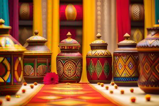 colorful decorative jars on a table with a red flower. AI-Generated photo