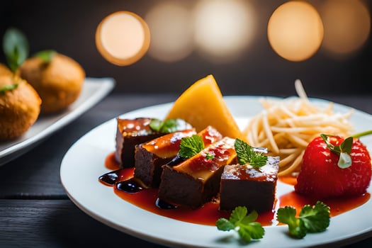 a plate of food with meat, vegetables and fruit. AI-Generated photo