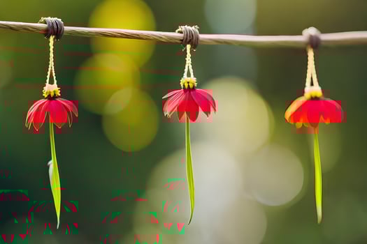 three red flowers hanging from a wire. AI-Generated photo