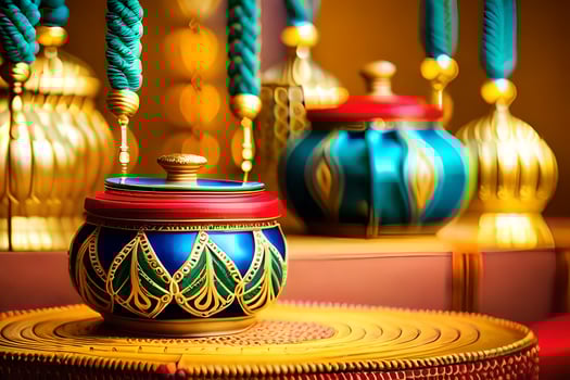 colorful pots and other decorative items on a table. AI-Generated photo