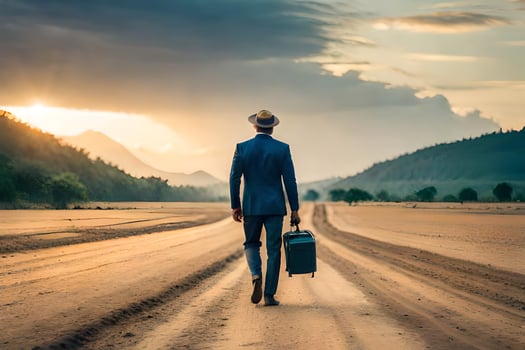 a man in a suit and hat walking down a dirt road. AI-Generated photo