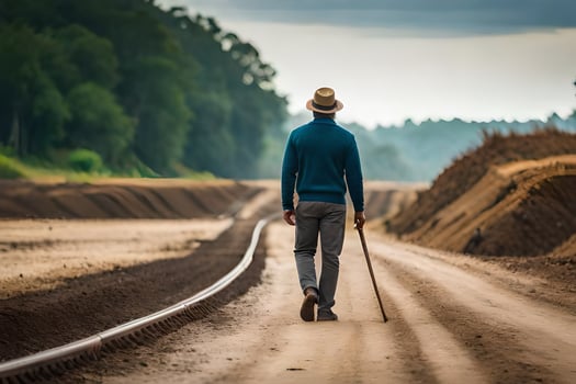 a man walking on a dirt road with a cane. AI-Generated photo