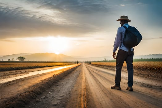 a man with a backpack standing on a dirt road at sunset. AI-Generated photo