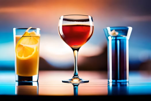 three glasses of different drinks on a table. AI-Generated photo