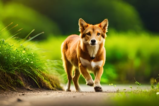 a dog walking on a dirt road in the grass. AI-Generated photo
