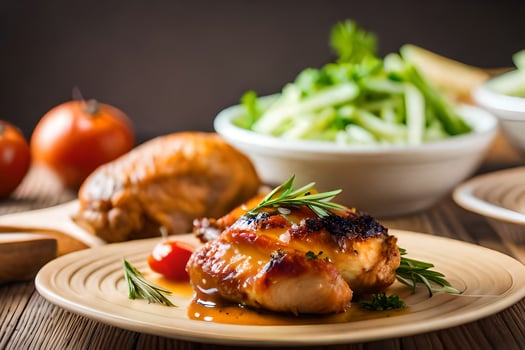 chicken breast with vegetables and salad on a wooden table. AI-Generated photo