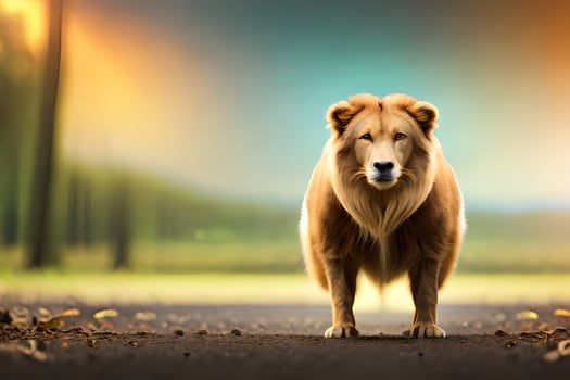 a lion standing on the road in front of a sunset. AI-Generated photo
