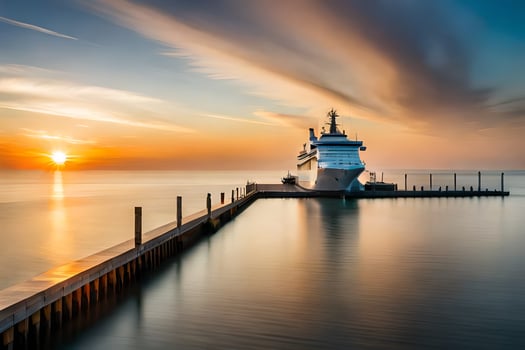 a cruise ship docked at the end of a pier at sunset. AI-Generated photo