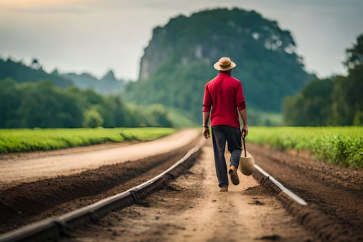 a man walking down a road with a hat on. AI-Generated photo