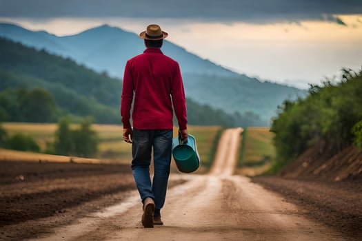 a man walking down a dirt road with a bucket. AI-Generated photo