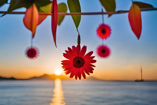 red flowers hanging from a tree over the ocean. AI-Generated photo