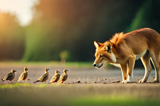 a wolf and birds standing on the ground. AI-Generated photo