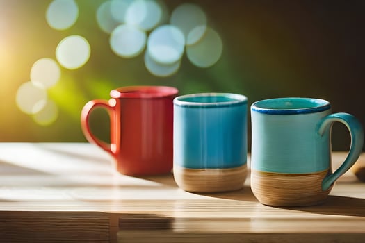 three colorful coffee mugs on a wooden table. AI-Generated photo