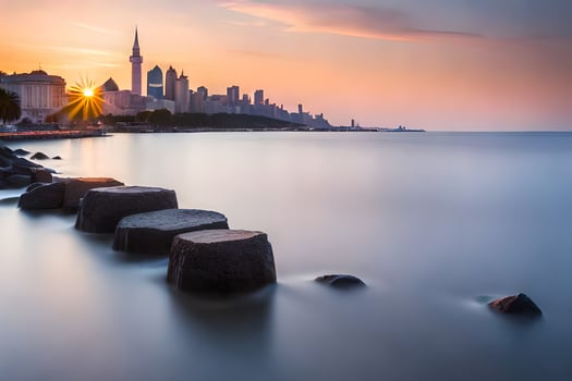 the sun rises over the city skyline in this photo. AI-Generated photo