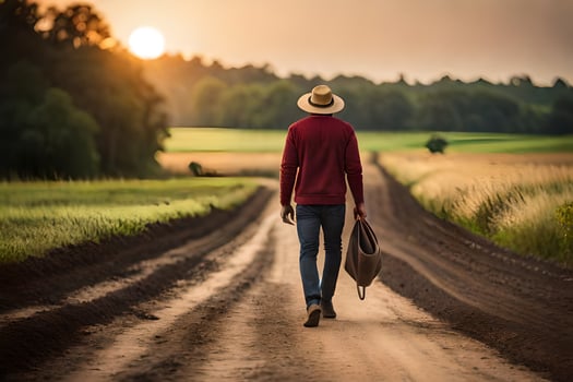 a man in a hat walks down a dirt road. AI-Generated photo
