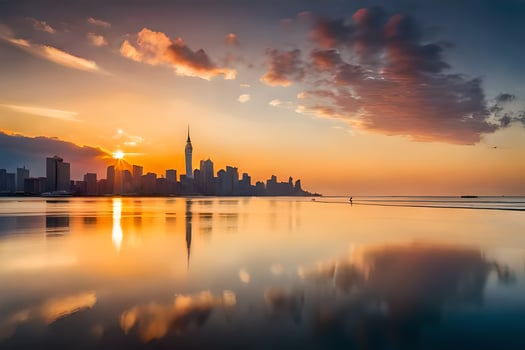 the city skyline is reflected in the water at sunset. AI-Generated photo